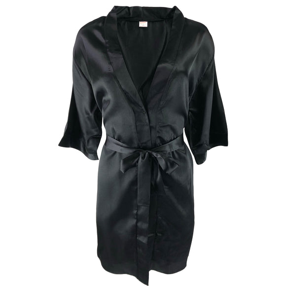 ladies plain black silky shiny satin short length dressing gown, bathrobe, wrap, kimono with 3/4 length sleeves in UK sizes 8, 10, 12, 14, 16, 18, 20, 22