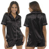 plain black silky shiny satin shorty pjs set consisting of a shirt style top with short sleeves, a collar, top pocket and a button up front with matching shorts in UK plus sizes 8, 10, 12, 14, 16, 18, 20, 22