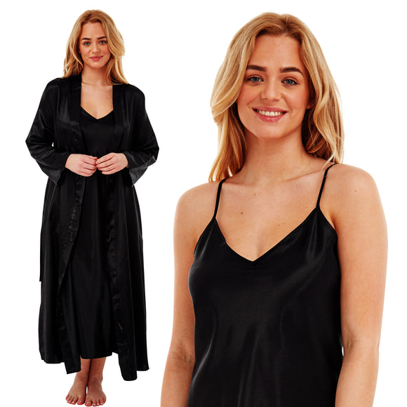 plain black shiny silky warm lined satin matching string adjustable strap nightdress and dressing gown robe set which is full length in UK plus sizes 12, 14, 16, 18, 20, 22, 24, 26, 28, 30, 32, 34
