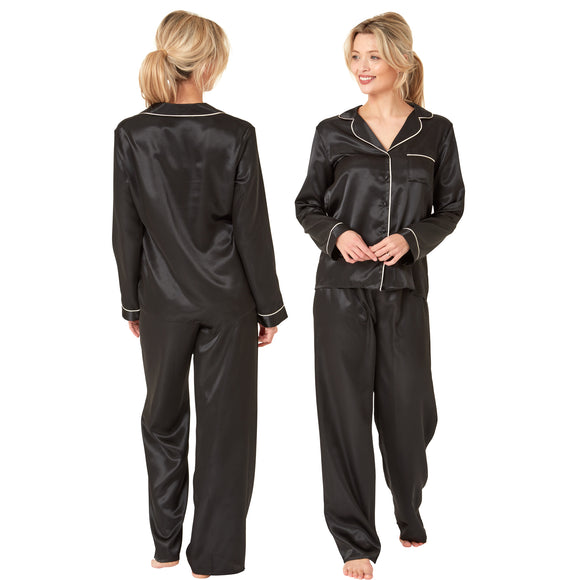 ladies plain black shiny silky sexy satin full length pjs pyjamas set plus size 22 24 26 28 just for you boutique