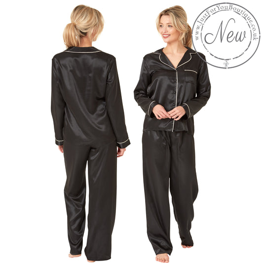 ladies plain black shiny silky sexy satin full length pjs pyjamas set plus size 22 24 26 28 just for you boutique