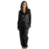 plain black shiny silky satin pjs set which are warmer because its cotton lined. They have a shirt style top with full length sleeves, a collar, top pocket and button up front. The trousers are full length with an elasticated waist band in UK plus sizes 8, 10, 12, 14, 16, 18, 20, 22, 24, 26, 28, 30, 32, 34