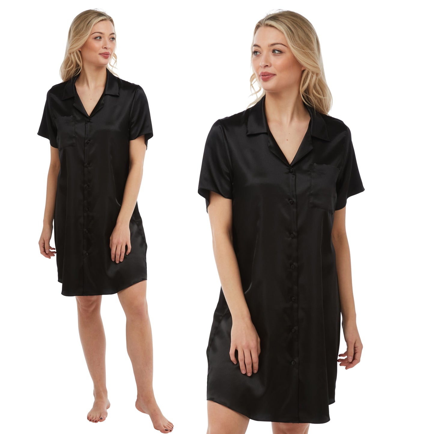 plain black shiny silky satin nightshirt with a button front, collar, top pocket, short sleeve and shirt style hem in UK plus sizes 12, 14, 16, 18, 20, 22, 24, 26, 28, 30, 32, 34, 36, 38,