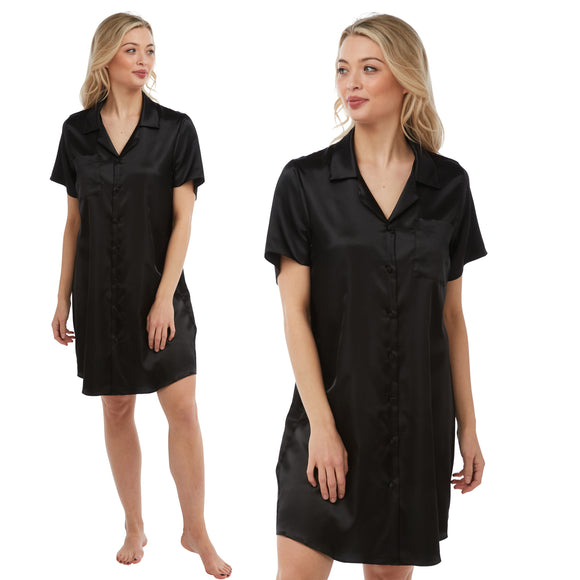 plain black shiny silky satin nightshirt with a button front, collar, top pocket, short sleeve and shirt style hem in UK plus sizes 12, 14, 16, 18, 20, 22, 24, 26, 28, 30, 32, 34, 36, 38,