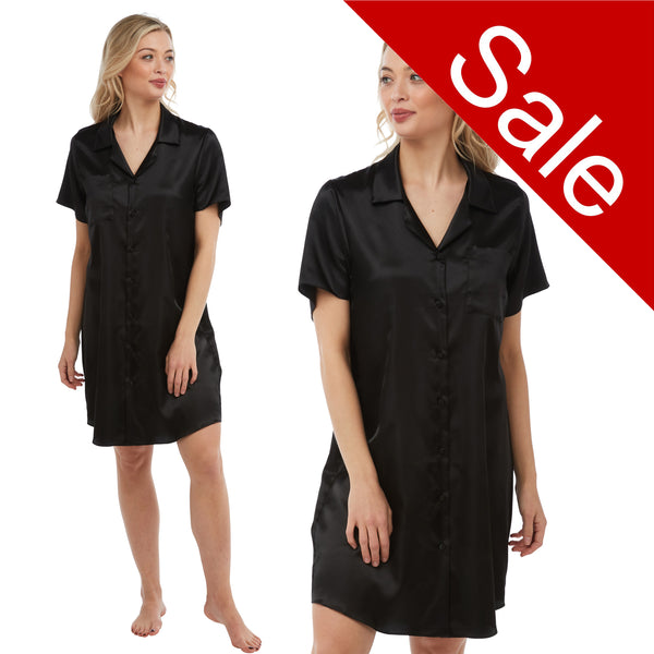 plain black shiny silky satin nightshirt with a button front, collar, top pocket, short sleeve and shirt style hem in UK sizes 12, 14, 