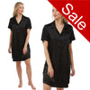 plain black shiny silky satin nightshirt with a button front, collar, top pocket, short sleeve and shirt style hem in UK sizes 12, 14, 