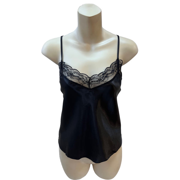 plain black silky shiny satin and lace cami camisole top with adjustable straps in UK plus size 8, 12, 14, 16, 18, 20, 22, 24, 26, 28, 30, 32, 34, 36, 38