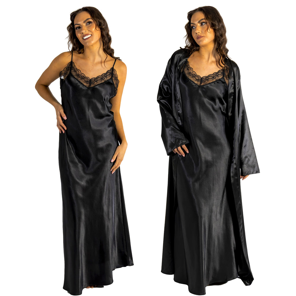 plain black shiny silky satin and lace long chemise with a wrap which is cuddleskin satin which is lined with brushed cotton for warmth. In uk sizes 12, 14, 16, 18, 20, 22, 24, 26. 