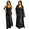 plain black shiny silky satin and lace long chemise with a wrap which is cuddleskin satin which is lined with brushed cotton for warmth. In uk sizes 12, 14, 16, 18, 20, 22, 24, 26. 