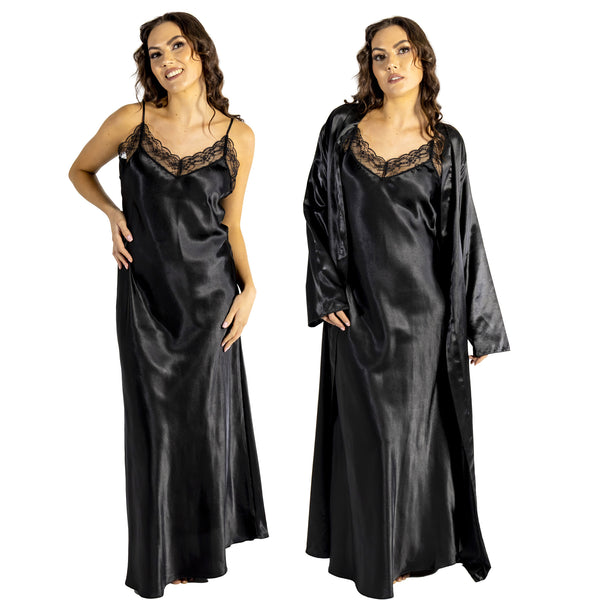 plain black shiny silky satin and lace long chemise with a wrap which is cuddleskin satin which is lined with brushed cotton for warmth. In uk sizes 12, 14, 16, 18, 20, 22, 24, 26. 