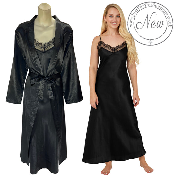 plain black shiny silky satin and lace long chemise with a wrap which is cuddleskin satin which is lined with brushed cotton for warmth. In uk sizes 12, 14, 16, 18, 20, 22, 24, 26. 