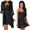 plain black shiny silky satin matching short length chemise and dressing gown robe set in UK sizes 12, 14, 16, 18, 20, 22