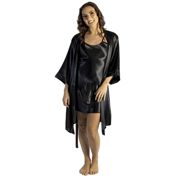 plain black shiny silky satin matching short length chemise and dressing gown robe set in UK sizes 12, 14, 16, 18, 20, 22