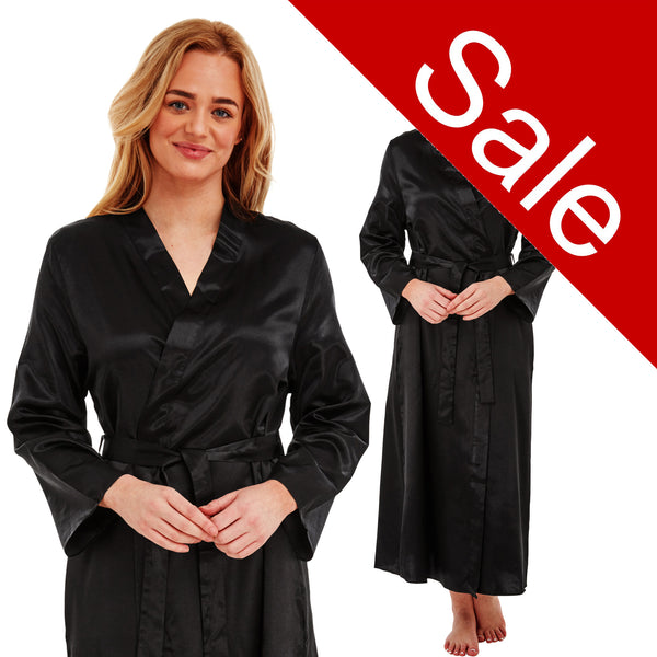 Sale Long Full Length Sexy Satin Wrap Bathrobe Plain Black