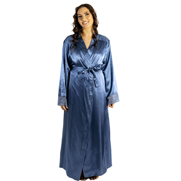ladies plain blue silky shiny satin and lace full length dressing gown, bathrobe, wrap, kimono with full length sleeves trimmed with lace in UK plus sizes 10, 12, 14, 16, 18, 20, 22, 24, 26, 28