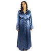 ladies plain blue silky shiny satin and lace full length dressing gown, bathrobe, wrap, kimono with full length sleeves trimmed with lace in UK plus sizes 10, 12, 14, 16, 18, 20, 22, 24, 26, 28