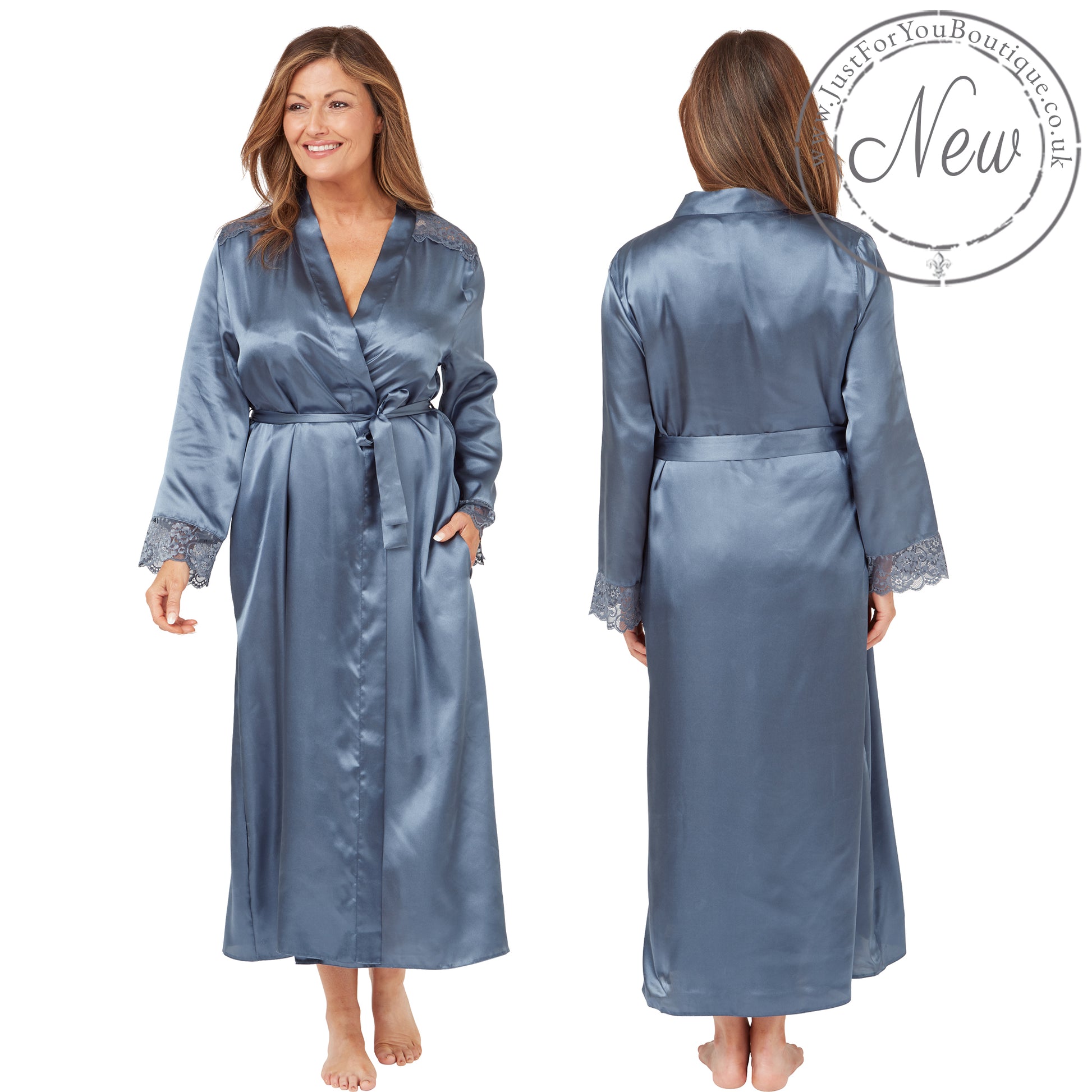 ladies plain blue silky shiny satin and lace full length dressing gown, bathrobe, wrap, kimono with full length sleeves trimmed with lace in UK plus sizes 10, 12, 14, 16, 18, 20, 22, 24, 26, 28