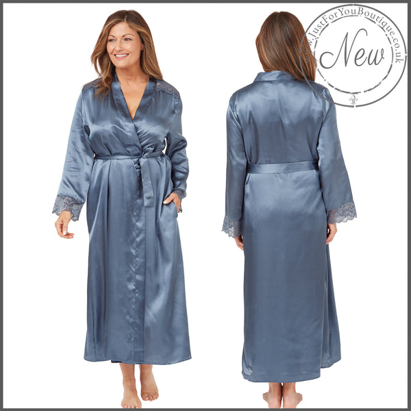 ladies plain blue silky shiny satin and lace full length dressing gown, bathrobe, wrap, kimono with full length sleeves trimmed with lace in UK plus sizes 14, 16, 18, 20, 22, 24, 26, 28