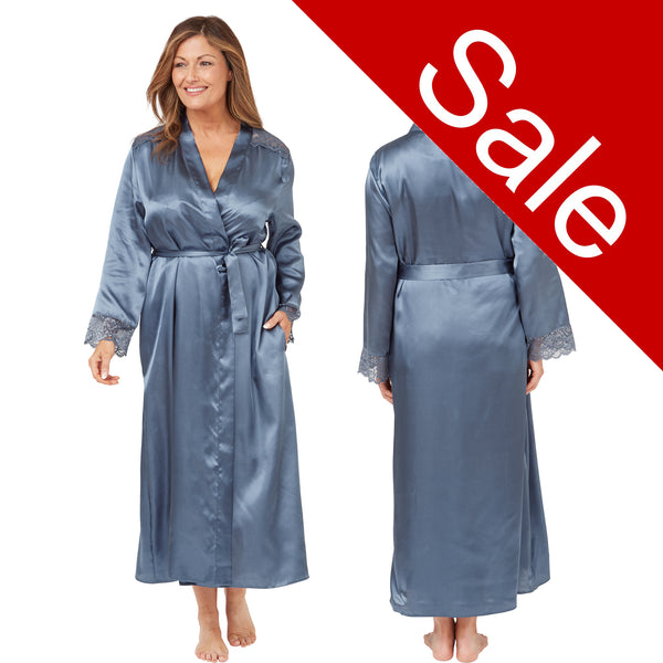 Sale Long Full Length Blue Sexy Satin Lace Wrap Bathrobe