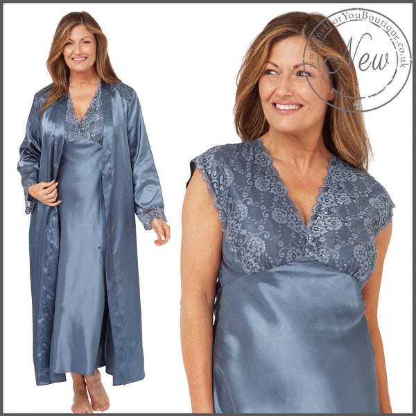 plain blue silky shiny satin and lace matching wide strap nightdress and dressing gown robe set which is full length in UK plus sizes 14, 16, 18, 20, 22, 24, 26, 28