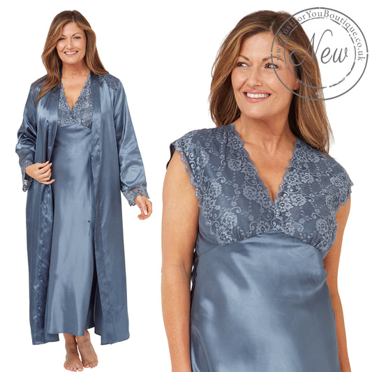 plain blue silky shiny satin and lace matching wide strap nightdress and dressing gown robe set which is full length in UK plus sizes 14, 16, 18, 20, 22, 24, 26, 28