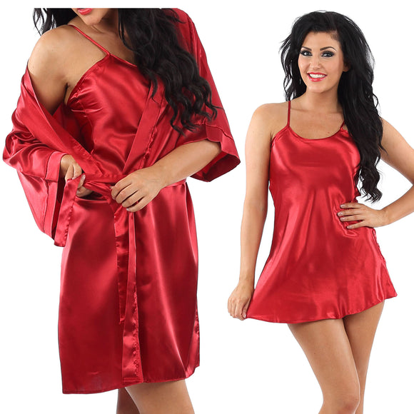 plain bright red shiny silky satin matching short length chemise and dressing gown robe set in UK sizes 12, 14, 16, 18, 