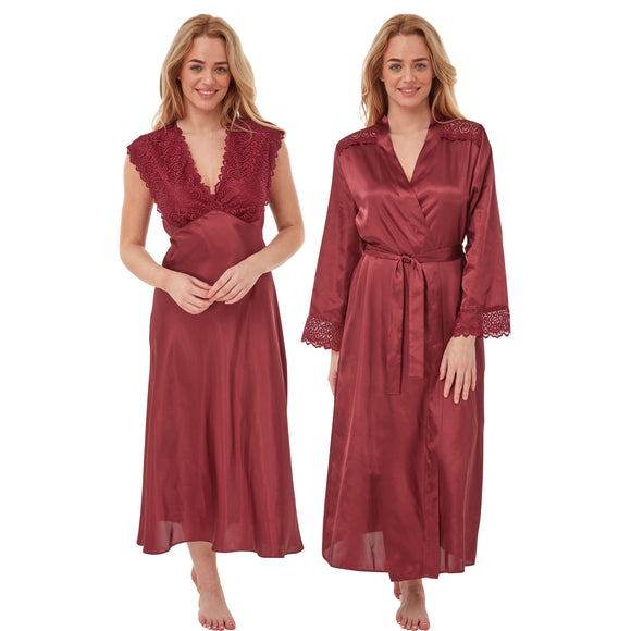 plain burgundy red silky shiny satin and lace matching wide strap nightdress and dressing gown robe set which is full length in UK sizes 14, 16, 18, 20