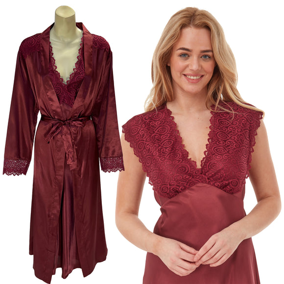 plain burgundy red silky shiny satin and lace matching wide strap nightdress and dressing gown robe set which is full length in UK sizes 14, 16, 18, 20