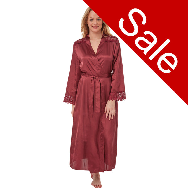 ladies plain burgundy red silky shiny satin and lace full length dressing gown, bathrobe, wrap, kimono with full length sleeves trimmed with lace in UK sizes 10, 12, 