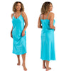 long full length caribbean blue mat satin chemise nightdress with string adjustable straps in UK plus sizes  16, 18, 20, 22, 24, 26