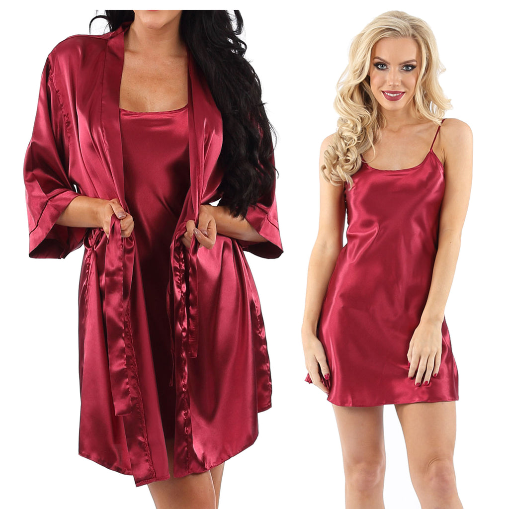 Linge Red Rim Matching Plain Wine Red Sexy Satin Chemise and Wrap Set Negligee Linge ...