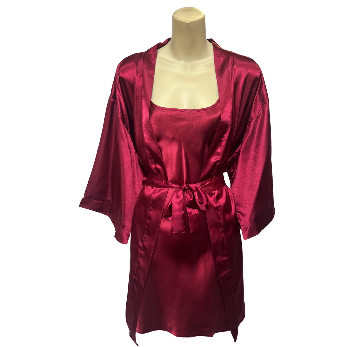 Linge Red Rim Matching Plain Wine Red Sexy Satin Chemise and Wrap Set Negligee Linge ...