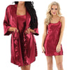 plain crimson red shiny silky satin matching short length chemise and dressing gown robe set in UK sizes 12, 14, 16, 18, 