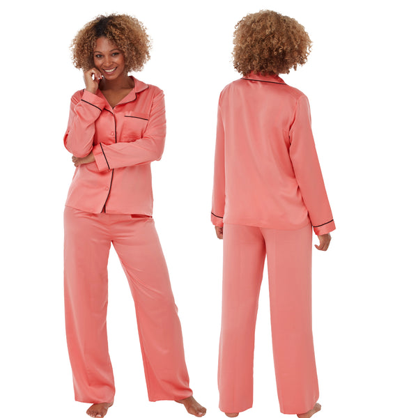 plain coral pink satin pjs set consisting of a shirt style top with full length sleeves, a collar, top pocket and a button up front with matching full length trousers in UK plus sizes 18, 20, 22, 24, 26, 28,