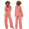 plain coral pink satin pjs set consisting of a shirt style top with full length sleeves, a collar, top pocket and a button up front with matching full length trousers in UK plus sizes 18, 20, 22, 24, 26, 28,