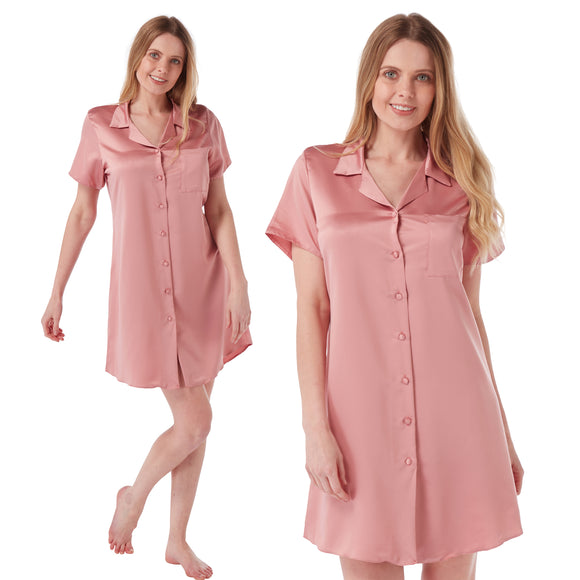 ladies plain coral pink mat satin nightshirt with a button front, collar, top pocket, short sleeve and shirt style hem in UK size 14, 16, 18,