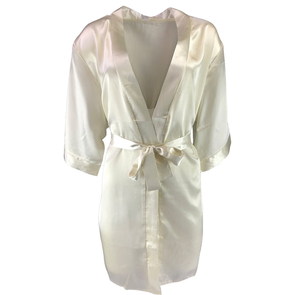 ladies plain cream silky shiny satin short length dressing gown, bathrobe, wrap, kimono with 3/4 length sleeves in UK sizes 8, 10, 12, 14, 16, 18, 20, 22