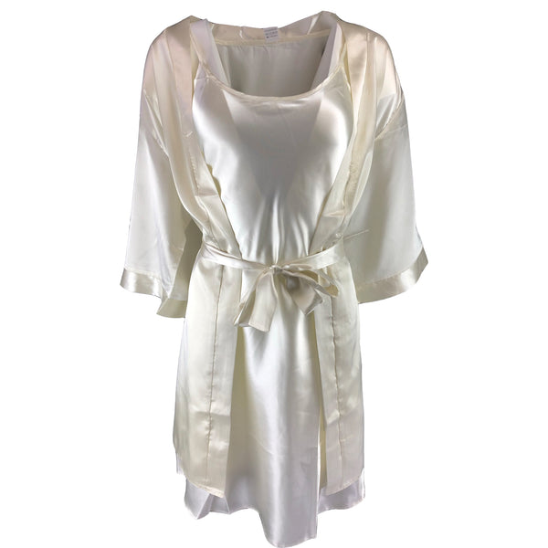 plain cream shiny silky satin matching short length chemise and dressing gown robe set in UK sizes 8, 10, 12, 14, 16, 18, 