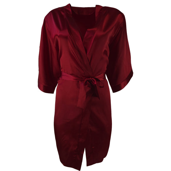 ladies plain crimson red silky shiny satin short length dressing gown, bathrobe, wrap, kimono with 3/4 length sleeves in UK sizes 8, 10, 12, 14, 16, 18,