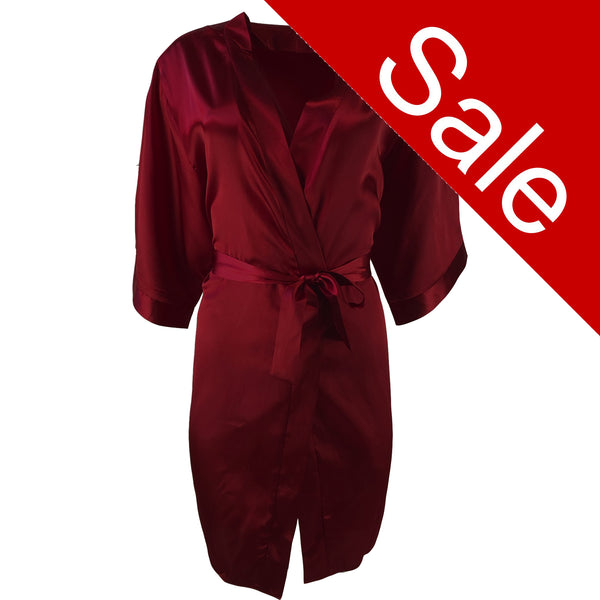 ladies plain crimson red silky shiny satin short length dressing gown, bathrobe, wrap, kimono with 3/4 length sleeves in UK sizes 8, 10, 