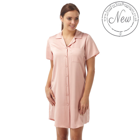 ladies plain dusty pink mat satin nightshirt with a button front, collar, top pocket, short sleeve and shirt style hem in UK size 14, 16, 18, 22