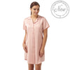 ladies plain dusty pink mat satin nightshirt with a button front, collar, top pocket, short sleeve and shirt style hem in UK size 14, 16, 18, 22