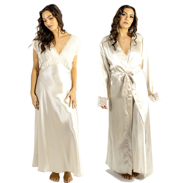 plain gold silky shiny satin and lace matching wide strap nightdress and dressing gown robe set which is full length in UK plus sizes 14, 16, 18, 20, 22, 24, 26, 28