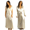 plain gold silky shiny satin and lace matching wide strap nightdress and dressing gown robe set which is full length in UK plus sizes 14, 16, 18, 20, 22, 24, 26, 28