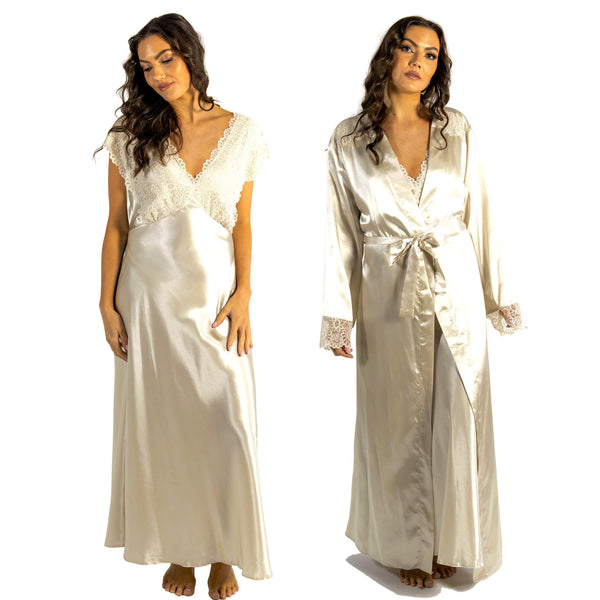plain gold silky shiny satin and lace matching wide strap nightdress and dressing gown robe set which is full length in UK plus sizes 14, 16, 18, 20, 22, 24, 26, 28