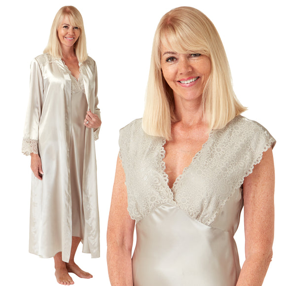 plain gold silky shiny satin and lace matching wide strap nightdress and dressing gown robe set which is full length in UK plus sizes 14, 16, 18, 20, 22, 24, 26, 28