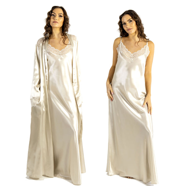 plain gold silky shiny satin and lace matching string adjustable strap nightdress and dressing gown robe set which is full length in UK plus sizes 14, 16, 18, 20, 22, 24, 26, 28