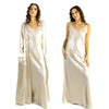 plain gold silky shiny satin and lace matching string adjustable strap nightdress and dressing gown robe set which is full length in UK plus sizes 14, 16, 18, 20, 22, 24, 26, 28