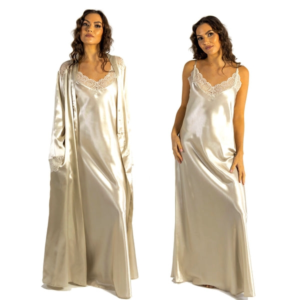 plain gold silky shiny satin and lace matching string adjustable strap nightdress and dressing gown robe set which is full length in UK plus sizes 14, 16, 18, 20, 22, 24, 26, 28