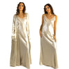 plain gold silky shiny satin and lace matching string adjustable strap nightdress and dressing gown robe set which is full length in UK plus sizes 14, 16, 18, 20, 22, 24, 26, 28
